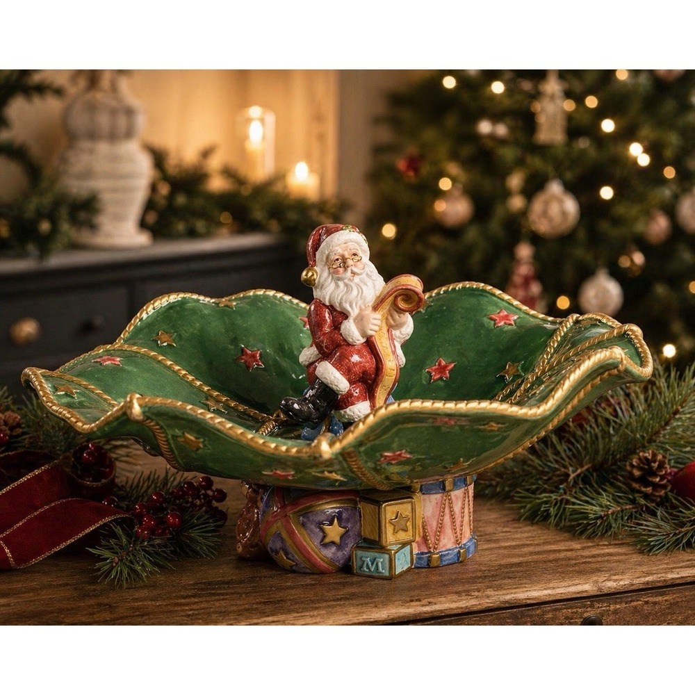 Fitz and Floyd Santa's List Pedestal Serving Dessert Bowl Compote 1995 Christmas